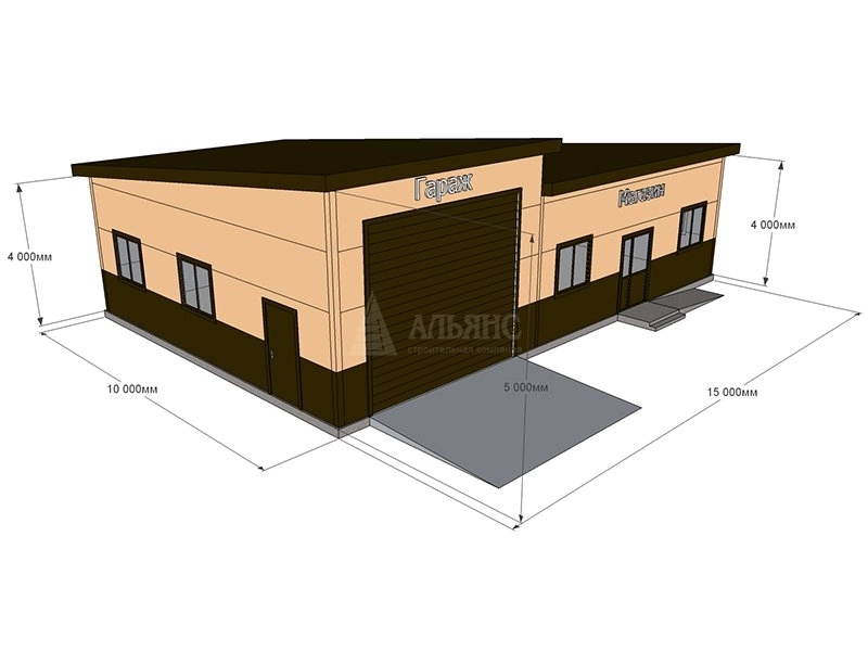 3D визуализация Магазин с гаражом из сэндвич-панелей - фото 2